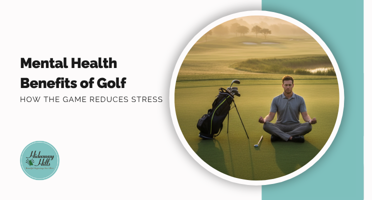A golfer meditating on a golf course to illustrate the mental health benefits of golf