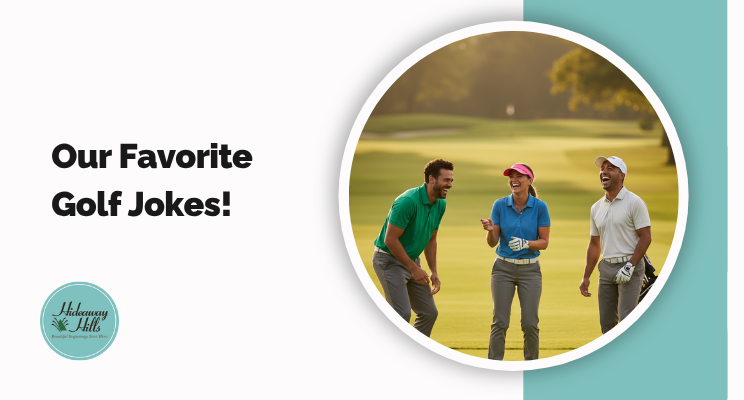 3 golfers laughing at golf jokes on the course