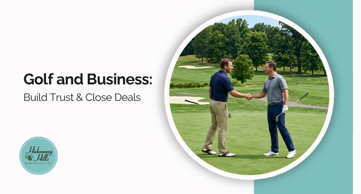 2 men shaking hands on a golf course